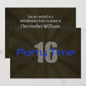 Party Time Black Grey Boy 16th Birthday Uitnodigin Kaart (Voorkant / Achterkant)