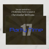 Party Time Black Grey Boy 17th Birthday Uitnodigin Kaart (Voorkant / Achterkant)