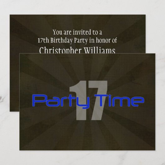 Party Time Black Grey Boy 17th Birthday Uitnodigin Kaart (Voorkant / Achterkant)