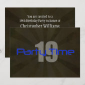 Party Time Black Grey Boy 19th Birthday Uitnodigin Kaart (Voorkant / Achterkant)