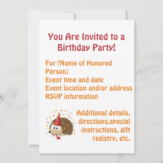 Party Time! Confetti Hedgehog Party Invitation Kaart (Achterkant)