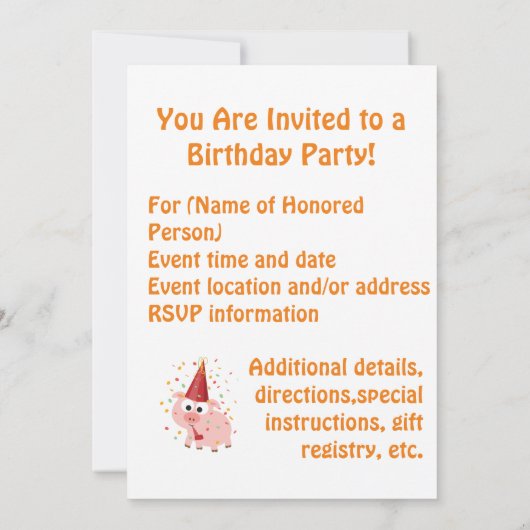 Party Time! Confetti Pig Party Invitation Kaart (Achterkant)