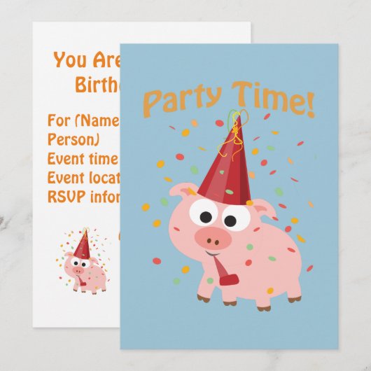 Party Time! Confetti Pig Party Invitation Kaart (Voorkant / Achterkant)