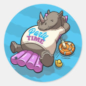 Party Time Funny Rhino Opblaasbare Cartoon Ronde Sticker (Voorkant)
