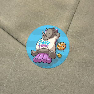 Party Time Funny Rhino Opblaasbare Cartoon Ronde Sticker