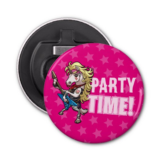 Party Time! Haar Metal Glam Rock Unicorn Cartoon Button Flesopener (Voorkant)