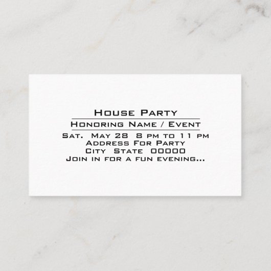 Party Time House Feestviering hand uit uitnodigen Visitekaartje (Achterkant)
