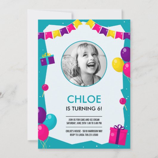Party Time Photo Birthday Invitation Kaart (Voorkant)