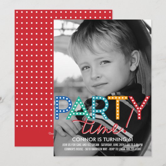 Party Time Photo Birthday Uitnodiging (Voorkant / Achterkant)