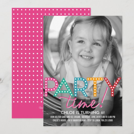 Party Time Photo Birthday Uitnodiging (Voorkant / Achterkant)