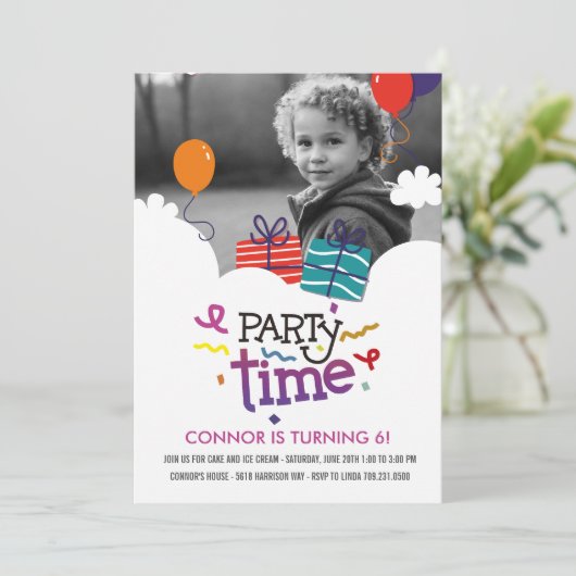 Party Time Photo Birthday Uitnodiging (Staand voorkant)