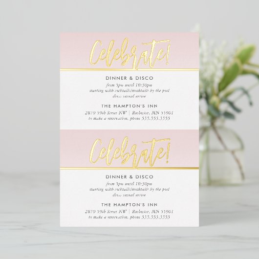 PARTY VERJAARDAGSCARD lichtroze gouden polka stipp Folie Uitnodiging (Staand Voorkant)