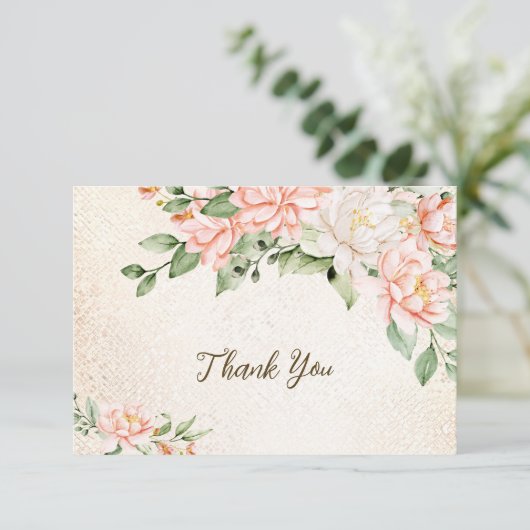 Party Waterverf Perzik Witte Bloemen Elegant Bedankkaart (Staand voorkant)