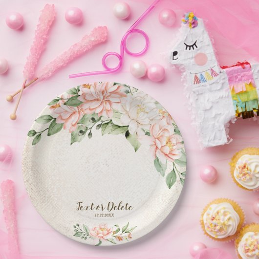 Party Waterverf Perzik Witte Bloemen Elegant Papieren Bordje (Feest)