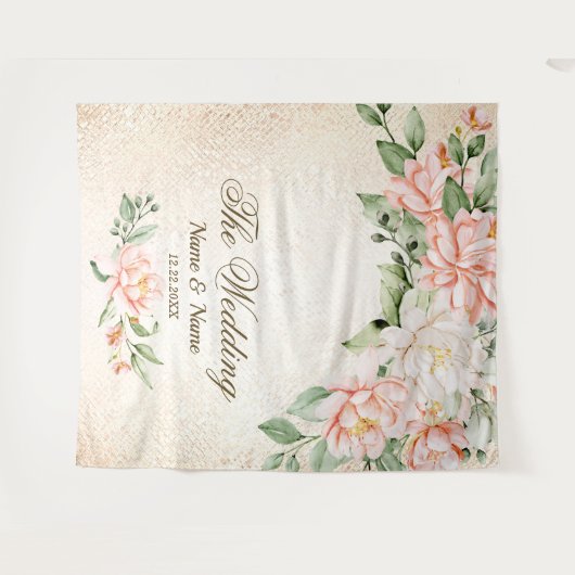 Party Waterverf Perzik Witte Bloemen Elegant Wandkleed (Voorkant (horizontaal))