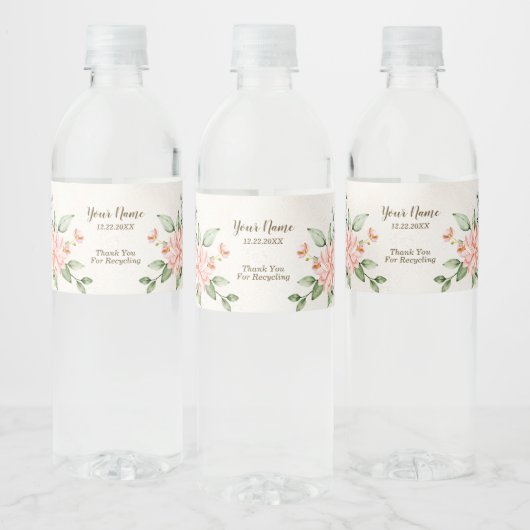 Party Waterverf Perzik Witte Bloemen Elegant Waterfles Etiket (Flessen)