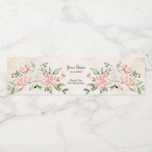 Party Waterverf Perzik Witte Bloemen Elegant Waterfles Etiket (Enkel label)