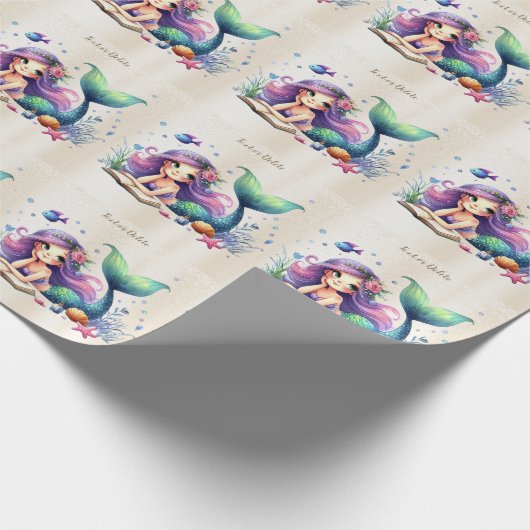 Party Waterverf Zeemeermin Zee Leven Schattige Moo Cadeaupapier (Hoek)