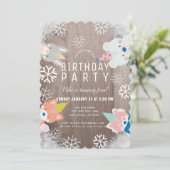 Party Woodland Animals Snowflakes Roze Verjaardag Kaart (Staand voorkant)