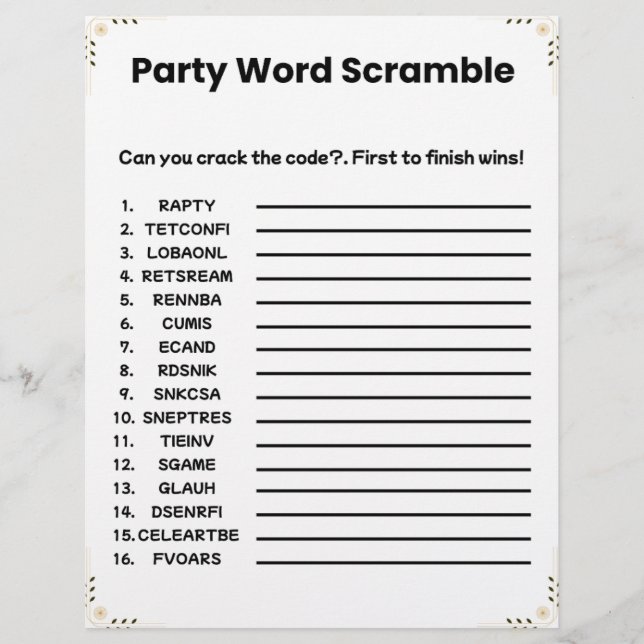 Party Word Scramble – Afdrukbare Spel Briefhoofd (Voorkant)