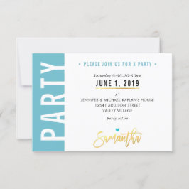 PARTYKAART leuk turquoise blauw witte harten goud RSVP Kaartje