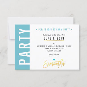 PARTYKAART leuk turquoise blauw witte harten goud RSVP Kaartje