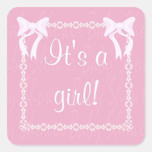 Pas Baby Girl Shower roze vierkante sticker aan