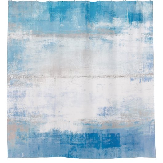 'Pas' blauwe en grijze Abstracte kunst aan Douchegordijn (Voorkant)