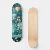 Pas Blauwgroen & Goud Bloemen Skateboard aan (Voorkant)
