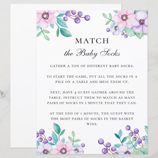 Pas de baby sokken aan. Baby shower spel. Floral (Voorkant / Achterkant)