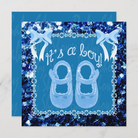 Pas de douche van Baby Boy Blue sparkles Invitatio Kaart (Voorkant / Achterkant)