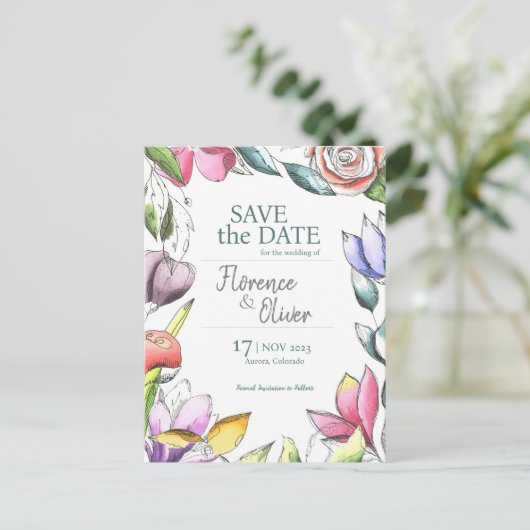 Pas Floral aan geschetst sparen de Datum Briefkaart (Staand voorkant)