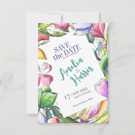 Pas Floral aan geschetst sparen de Datum Save The Date (Voorkant)