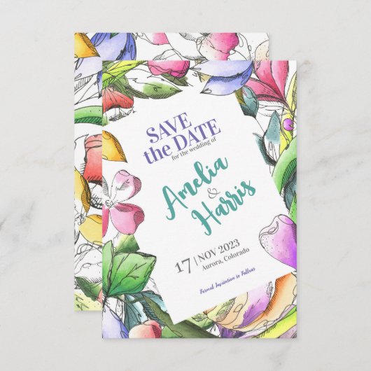 Pas Floral aan geschetst sparen de Datum Save The Date (Voorkant / Achterkant)