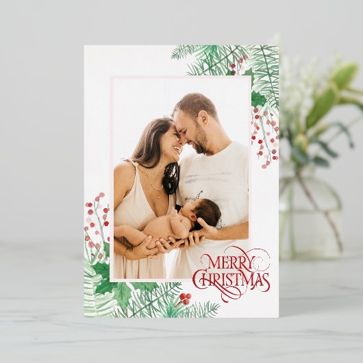 Pas Foto Rode Kerstmis aan Folie Feestdagenkaart (Staand Voorkant)