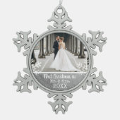 Pas getrouwd 1-kerstfoto Silver Paint Tin Sneeuwvlok Ornament (Voorkant)
