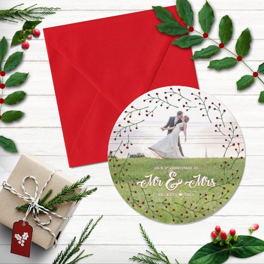 Pas getrouwd 1 Kerstmis Foto van de heer & mevrouw Feestdagenkaart
