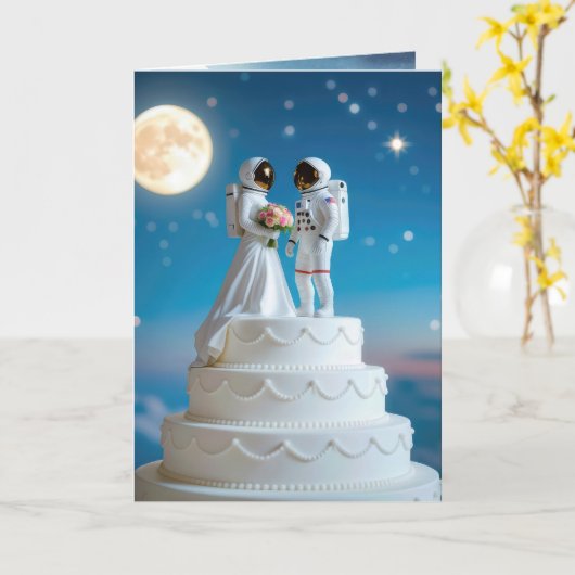 Pas getrouwd astronauten op een bruidstaart kaart (Gele Bloem)