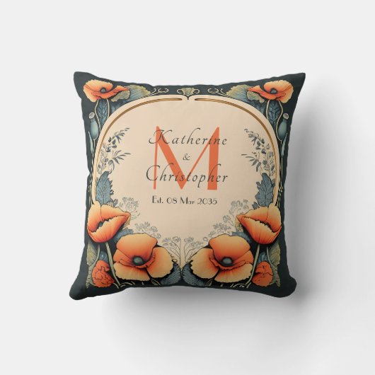 Pas getrouwd  Bloemen Monogram Poppy Art Nouveau Kussen (Achterkant)