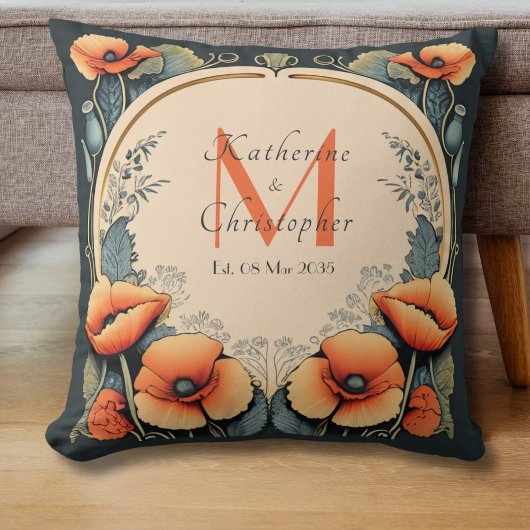 Pas getrouwd  Bloemen Monogram Poppy Art Nouveau Kussen
