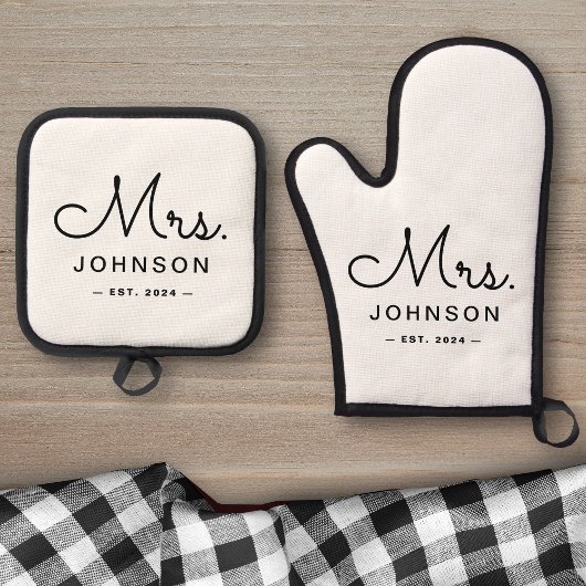 Pas getrouwd bruid gepersonaliseerd wit ovenwant & pannenlap set