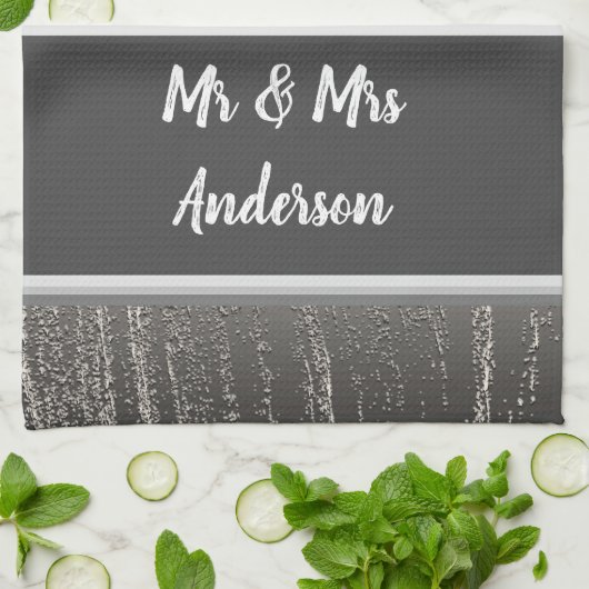 Pas getrouwd Couples Names Elegant Silver Stripes Theedoek (Gevouwen)