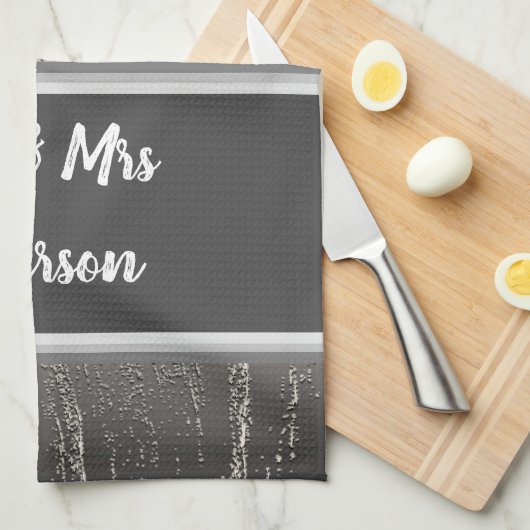 Pas getrouwd Couples Names Elegant Silver Stripes Theedoek (Quarter Fold)