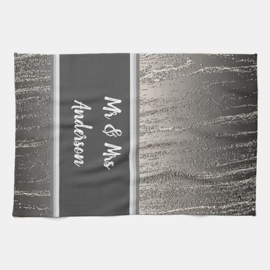 Pas getrouwd Couples Names Elegant Silver Stripes Theedoek (Horizontaal)