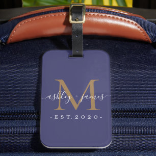 Pas getrouwd de heer Gold Monogram Names Year Navy Bagagelabel