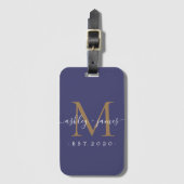 Pas getrouwd de heer Gold Monogram Names Year Navy Bagagelabel (Voorkant (verticaal))