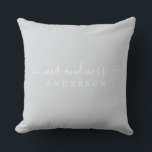 Pas getrouwd de heer mevrouw Ice Blue Monogram Kussen<br><div class="desc">Chique, modern monogram kussen met de tekst meneer en mevrouw in wit elegant schrift op een ijsblauwe achtergrond. Voeg gewoon je naam toe. Perfect cadeau voor het pasgetrouwde stel. Exclusief voor u ontworpen door Happy Dolphin Studio. Als u hulp of bijpassende producten nodig heeft, neem dan contact met ons op...</div>
