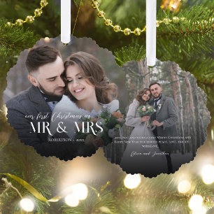 Pas getrouwd eerste kerst 2 foto ornament kaart