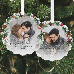 Pas getrouwd Eerste Kerst Botanische 2 Foto Ornament Kaart