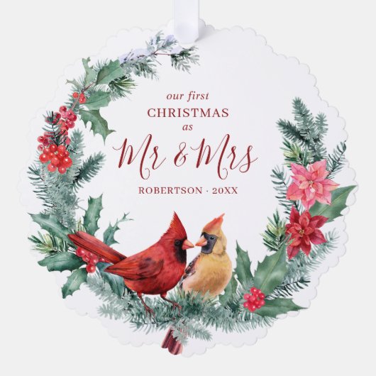 Pas getrouwd Eerste Kerst Kardinalen Krans Foto Ornament Kaart (Voorkant)